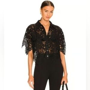L' Academie Black Calla Lace Button Up  Flutter Sleeve Top XXS